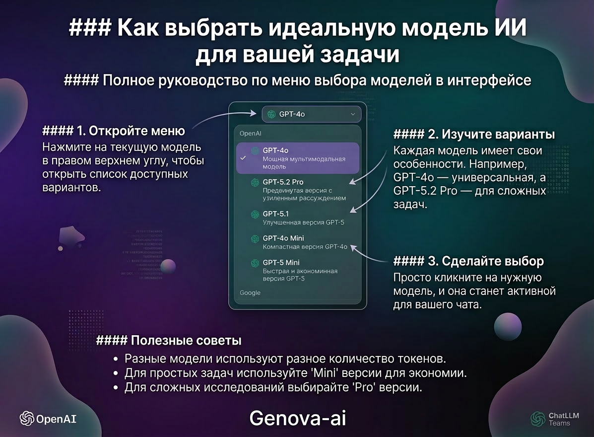Интерфейс AI-чата Genova AI — переключение между моделями ChatGPT