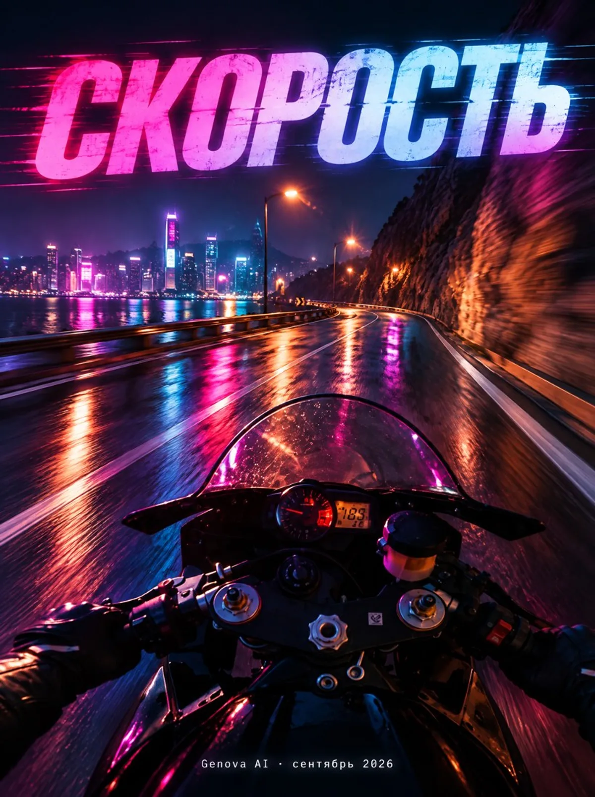 Вертикальный кадр с мотоциклом и надписью СКОРОСТЬ, собранный из двух своих фото в режиме фото в картинку