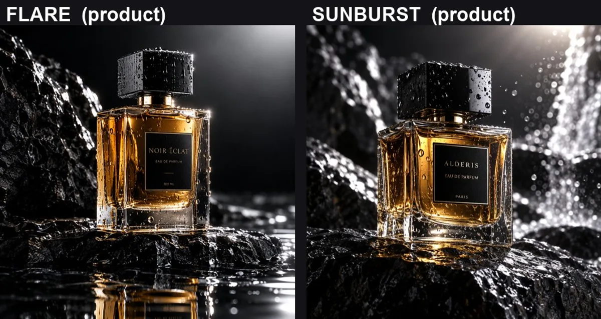 Продуктовый кадр флакона духов в вариантах Flare и Sunburst модели GPT Image 2.5