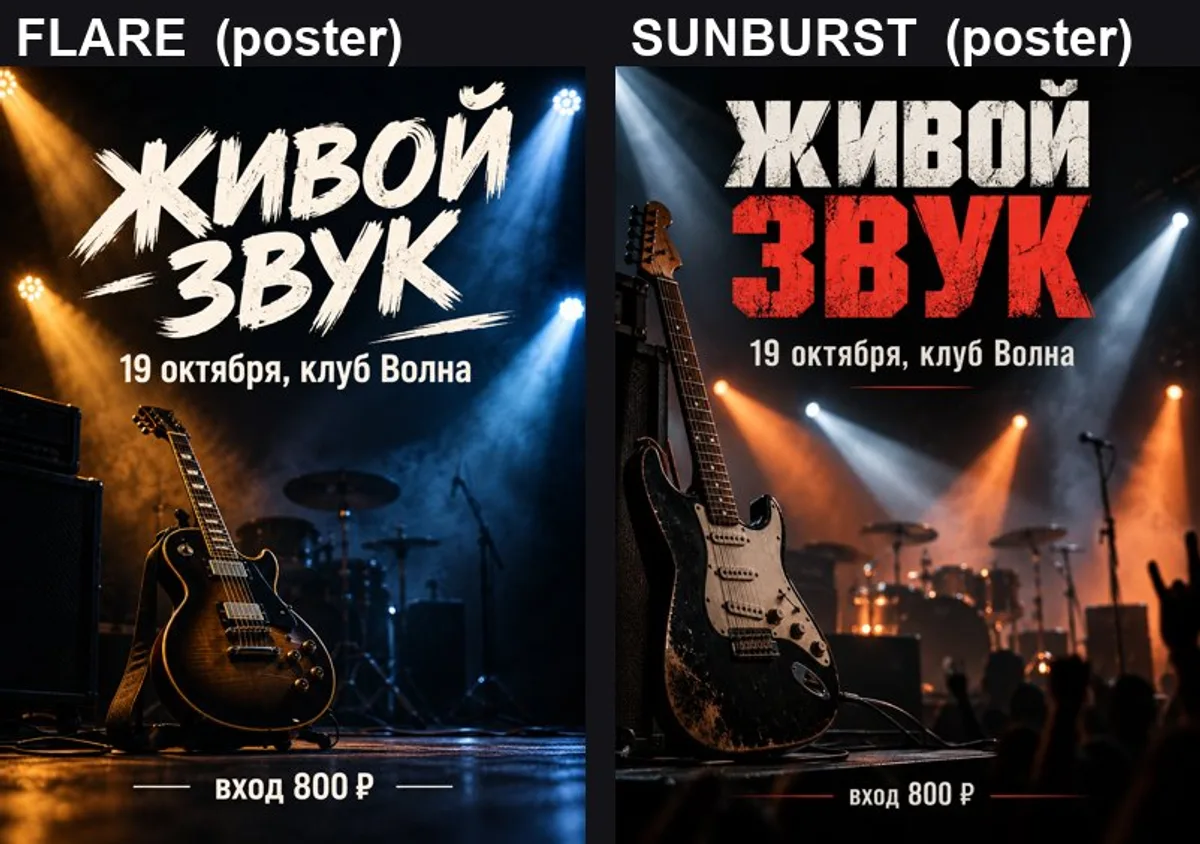 Сравнение вариантов Flare и Sunburst модели GPT Image 2.5 на одной афише концерта