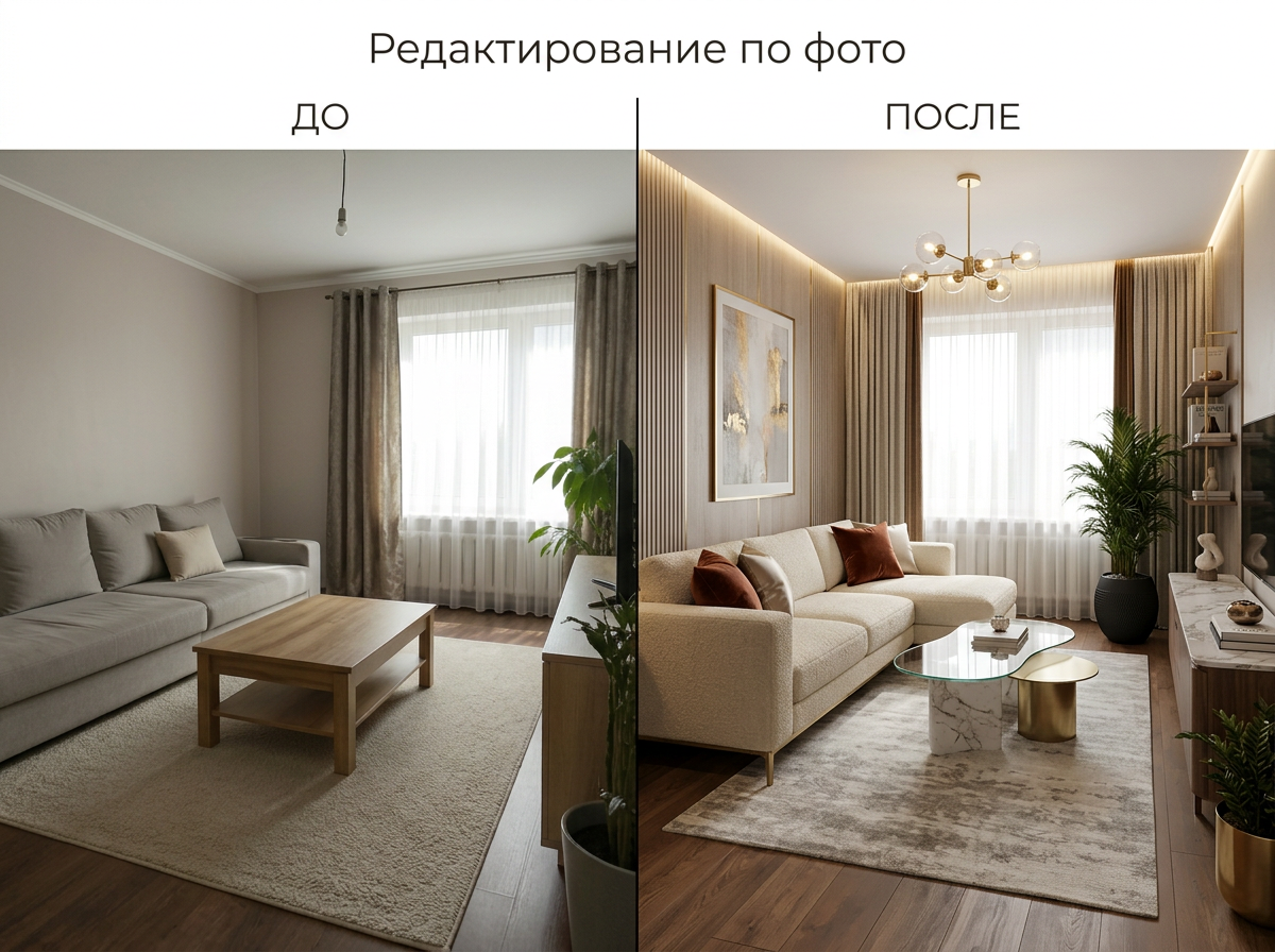 Интерьер до и после редактирования по фото в GPT Image 2